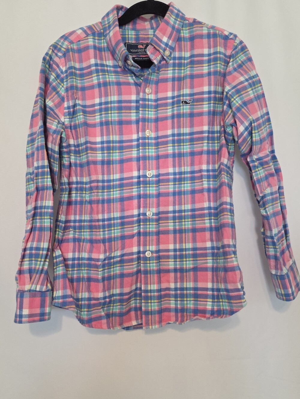 Vineyard Vines Pink, Blue & Green Plaid Flannel Button-Up Shirt Boys Whale Shirt